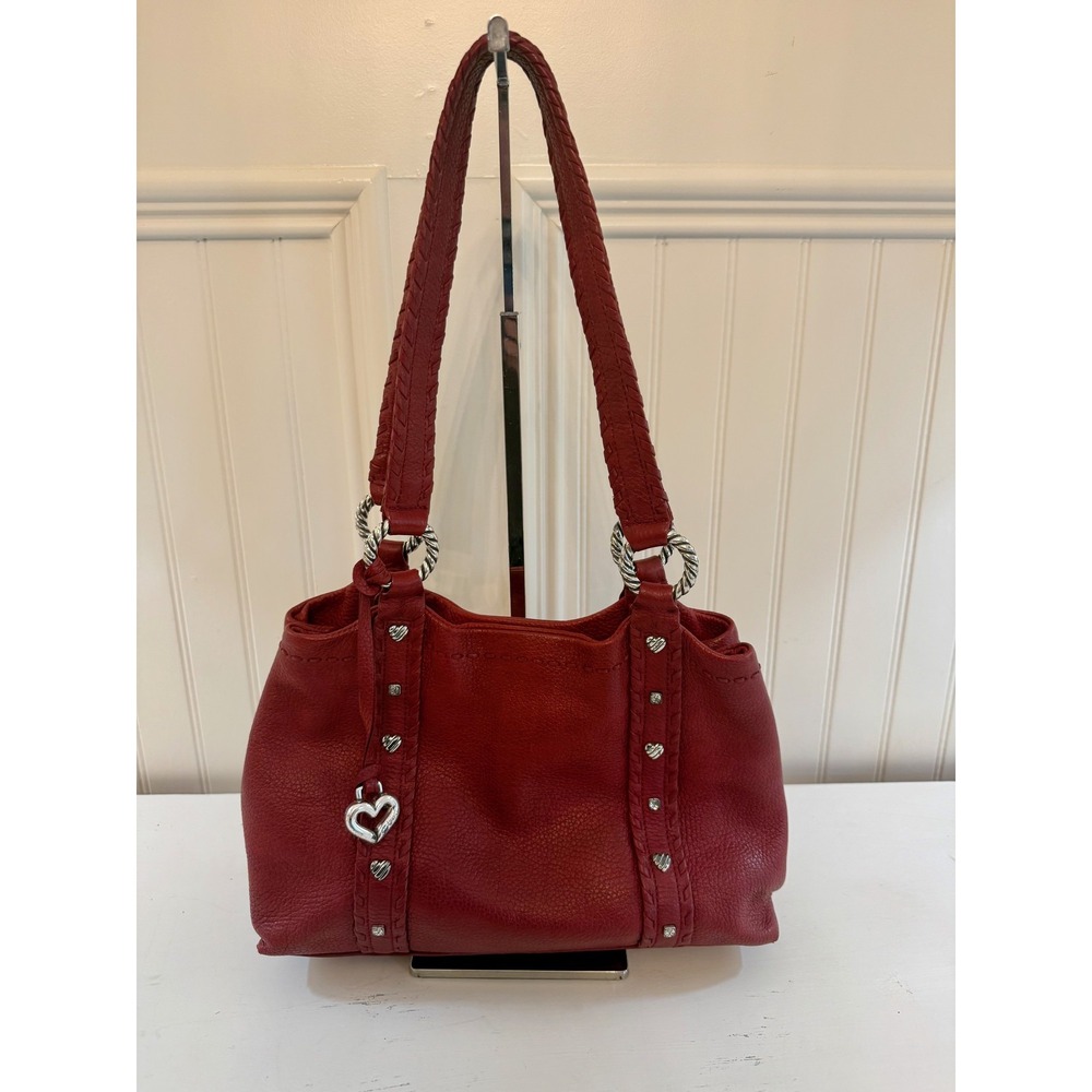 Brighton Soft Brick Red Pebbled Leather Shoulder Hand Bag Bandana Lining Hearts
